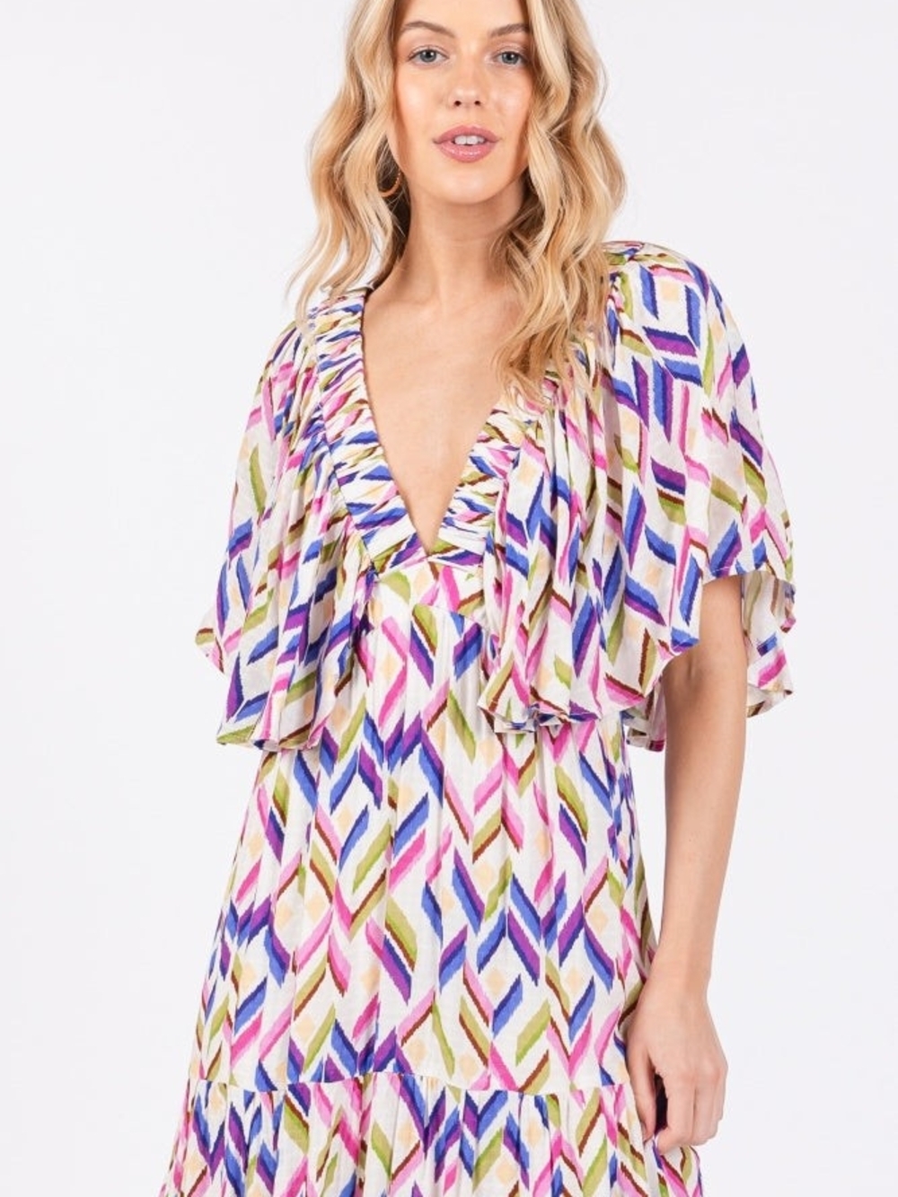 Flutter-Sleeve V-Neck Tunic in Multi-Color Print